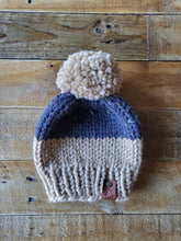 Load image into Gallery viewer, Lemon Tree Lane Baby Beanie 6-18 Months | Slate Tweed/Tan Colorblock with Tan Fluff Pom Pom