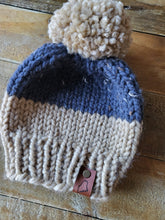 Load image into Gallery viewer, Lemon Tree Lane Baby Beanie 6-18 Months | Slate Tweed/Tan Colorblock with Tan Fluff Pom Pom