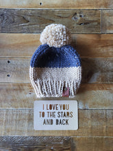 Load image into Gallery viewer, Lemon Tree Lane Baby Beanie 6-18 Months | Slate Tweed/Tan Colorblock with Tan Fluff Pom Pom