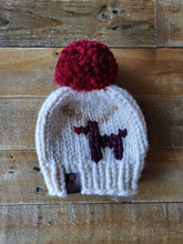 Load image into Gallery viewer, Lemon Tree Lane Baby Beanie 6-12 Months | Reindeer Baby Beanie- Ivory with Reindeer design and Red Puff Pom Pom