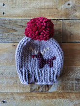 Load image into Gallery viewer, Lemon Tree Lane Baby Beanie 3-6 Months | Reindeer Baby Beanie- Taupe with Reindeer design and Red Puff Pom Pom