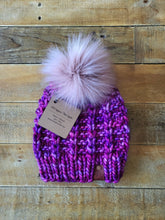 Load image into Gallery viewer, Lemon Tree Lane Adult Luxury Kettle-Dyed Malabrigo Merino Wool &quot;Rain Chain&quot; Beanie | Tonal Pink/Purple with Oversized Rose Pink Faux-Fur Pom Pom