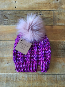 Lemon Tree Lane Adult Luxury Kettle-Dyed Malabrigo Merino Wool "Rain Chain" Beanie | Tonal Pink/Purple with Oversized Rose Pink Faux-Fur Pom Pom