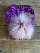 Load image into Gallery viewer, Lemon Tree Lane Adult Luxury Kettle-Dyed Malabrigo Merino Wool &quot;Rain Chain&quot; Beanie | Tonal Pink/Purple with Oversized Rose Pink Faux-Fur Pom Pom