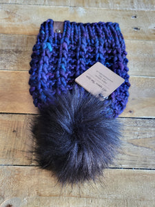 Lemon Tree Lane Adult Luxury Kettle-Dyed Malabrigo Merino Wool "Rain Chain" Beanie | Tonal Blue/Indigo with Oversized Black Faux-Fur Pom Pom