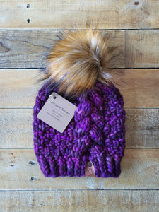 Lemon Tree Lane Adult Luxury Kettle-Dyed Malabrigo Merino Wool "Big Braid" Beanie | Purple Tones with Lux Caramel Faux-Fur Pom Pom