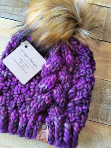 Lemon Tree Lane Adult Luxury Kettle-Dyed Malabrigo Merino Wool "Big Braid" Beanie | Purple Tones with Lux Caramel Faux-Fur Pom Pom