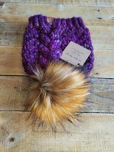 Lemon Tree Lane Adult Luxury Kettle-Dyed Malabrigo Merino Wool "Big Braid" Beanie | Purple Tones with Lux Caramel Faux-Fur Pom Pom