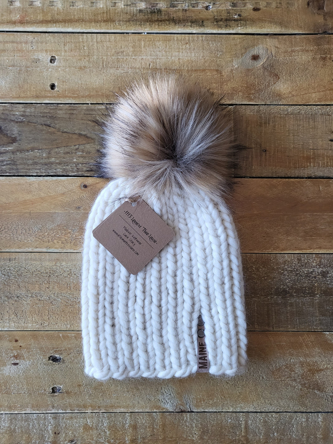 Lemon Tree Lane Adult Luxury Peruvian Wool Beanie | Classic Cream with Oversized Coyote Faux-Fur Pom Pom