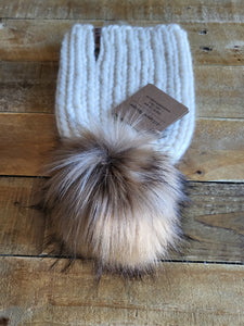 Lemon Tree Lane Adult Luxury Peruvian Wool Beanie | Classic Cream with Oversized Coyote Faux-Fur Pom Pom