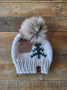 Lemon Tree Lane Adult Rustic Pines Hat | "Cream" with Pine Tree Design/Eclipse Blonde Faux Fur Pom Pom