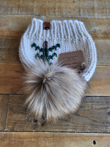 Lemon Tree Lane Adult Rustic Pines Hat | "Cream" with Pine Tree Design/Eclipse Blonde Faux Fur Pom Pom