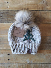 Load image into Gallery viewer, Lemon Tree Lane Adult Rustic Pines Hat | &quot;Oatmeal Tweed&quot; with Pine Tree Design/Eclipse Blonde Faux Fur Pom Pom