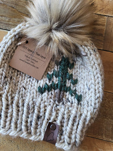 Lemon Tree Lane Adult Rustic Pines Hat | "Oatmeal Tweed" with Pine Tree Design/Eclipse Blonde Faux Fur Pom Pom