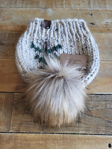 Lemon Tree Lane Adult Rustic Pines Hat | "Oatmeal Tweed" with Pine Tree Design/Eclipse Blonde Faux Fur Pom Pom