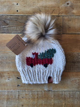 Load image into Gallery viewer, Lemon Tree Lane Adult &quot;Little Red Truck&quot; Hat | &quot;Cream&quot; with Little Red Truck Design/Eclipse Blonde Faux Fur Pom Pom