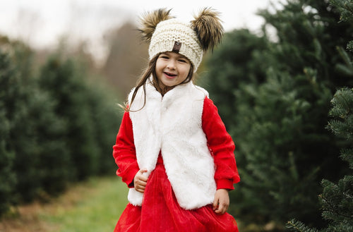 Lemon Tree Lane Youth 4-8 Years Double Pom Beanie | Cream with Double Coyote Faux-Fur Pom Poms