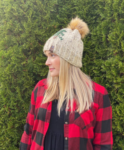 Lemon Tree Lane Adult Rustic Pines Hat | Oatmeal Tweed with Pine Tree Design/Eclipse Faux Fur Pom Pom