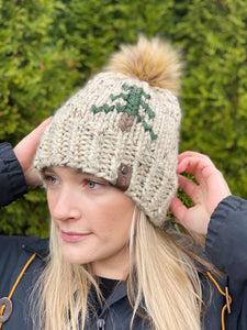 Lemon Tree Lane Adult Rustic Pines Hat | Oatmeal Tweed with Pine Tree Design/Eclipse Faux Fur Pom Pom