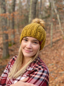 Lemon Tree Lane Adult Luxury Peruvian Wool Beanie | Bronzed Olive with Caramel Faux-Fur Pom Pom