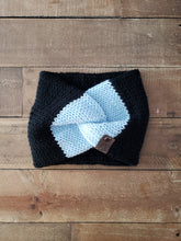 Load image into Gallery viewer, Lemon Tree Lane Youth Twist-Front Earwarmer/Headband | Black/Light Blue Colorblock