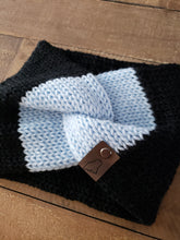 Load image into Gallery viewer, Lemon Tree Lane Youth Twist-Front Earwarmer/Headband | Black/Light Blue Colorblock