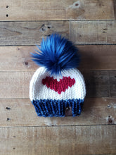 Load image into Gallery viewer, Lemon Tree Lane Baby Beanie 6-12 Months | Navy Blue Mix and White with Red Heart/Blue Faux Fur Pom Pom