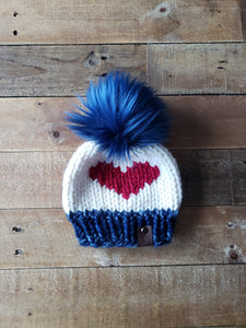 Lemon Tree Lane Baby Beanie 6-12 Months | Navy Blue Mix and White with Red Heart/Blue Faux Fur Pom Pom