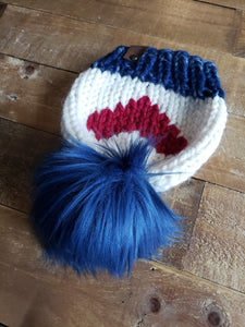 Lemon Tree Lane Baby Beanie 6-12 Months | Navy Blue Mix and White with Red Heart/Blue Faux Fur Pom Pom