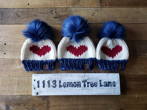 Lemon Tree Lane Baby Beanie 6-12 Months | Navy Blue Mix and White with Red Heart/Blue Faux Fur Pom Pom