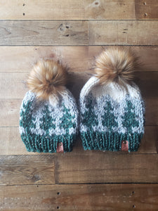 Lemon Tree Lane Mommy and Me Set, Adult and Toddler 1-3 Years | Pine Trees and Mountains Beanie | The Maine Beanie | **Choose Your Own Pom**