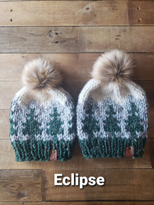 Lemon Tree Lane Mommy and Me Set, Adult and Youth 4-8 Years | Pine Trees and Mountains Beanie | The Maine Beanie | **Choose Your Own Pom**
