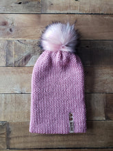 Load image into Gallery viewer, Lemon Tree Lane Adult Double-Knit Slouchy Beanie | Rose Pink with Luxury Pink and Black Faux-Fur Pom Pom