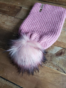 Lemon Tree Lane Adult Double-Knit Slouchy Beanie | Rose Pink with Luxury Pink and Black Faux-Fur Pom Pom