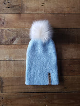 Load image into Gallery viewer, Lemon Tree Lane Adult Double-Knit Slouchy Beanie | Light Blue with Cream Latte Faux-Fur Pom Pom