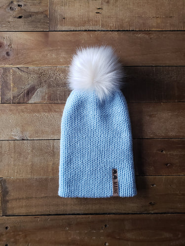 Lemon Tree Lane Adult Double-Knit Slouchy Beanie | Light Blue with Cream Latte Faux-Fur Pom Pom