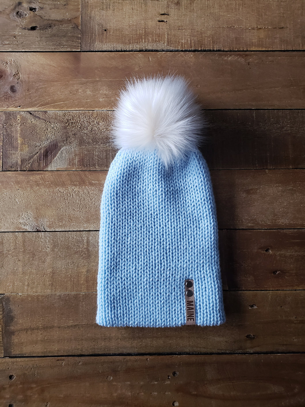 Lemon Tree Lane Adult Double-Knit Slouchy Beanie | Light Blue with Cream Latte Faux-Fur Pom Pom