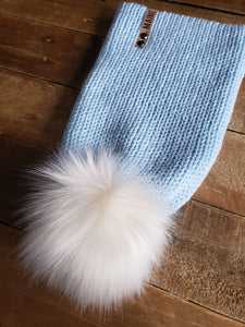 Lemon Tree Lane Adult Double-Knit Slouchy Beanie | Light Blue with Cream Latte Faux-Fur Pom Pom