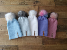 Load image into Gallery viewer, Lemon Tree Lane Adult Double-Knit Slouchy Beanie | Light Blue with Cream Latte Faux-Fur Pom Pom