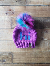 Load image into Gallery viewer, Lemon Tree Lane Baby Beanie 6-12 Months | &quot;Hi&quot; Beanie with Rainbow Jewel-Toned Faux Fur Pom Pom