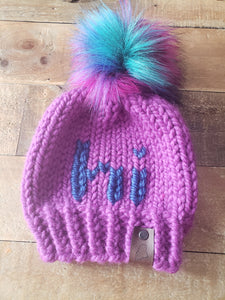 Lemon Tree Lane Baby Beanie 6-12 Months | "Hi" Beanie with Rainbow Jewel-Toned Faux Fur Pom Pom