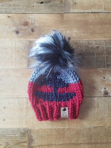 Lemon Tree Lane Baby Beanie 3-6 Months | Sailboat Baby Beanie- Red and Grey with Navy Sailboat design/Navy Peacock Faux Fur Pom Pom