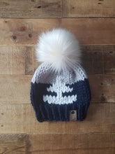 Load image into Gallery viewer, Lemon Tree Lane Baby Beanie 6-12 Months | Sailboat Baby Beanie- Navy and Grey with White Sailboat design/White Faux Fur Pom Pom