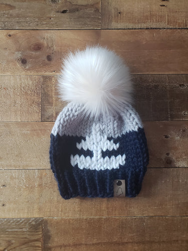 Lemon Tree Lane Baby Beanie 6-12 Months | Sailboat Baby Beanie- Navy and Grey with White Sailboat design/White Faux Fur Pom Pom