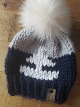 Load image into Gallery viewer, Lemon Tree Lane Baby Beanie 6-12 Months | Sailboat Baby Beanie- Navy and Grey with White Sailboat design/White Faux Fur Pom Pom