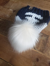 Load image into Gallery viewer, Lemon Tree Lane Baby Beanie 6-12 Months | Sailboat Baby Beanie- Navy and Grey with White Sailboat design/White Faux Fur Pom Pom