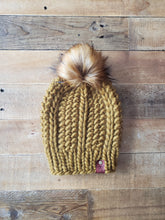 Load image into Gallery viewer, Lemon Tree Lane Adult Luxury Peruvian Wool Beanie | Bronzed Olive with Caramel Faux-Fur Pom Pom