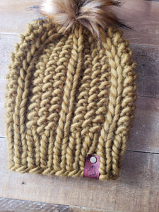 Lemon Tree Lane Adult Luxury Peruvian Wool Beanie | Bronzed Olive with Caramel Faux-Fur Pom Pom