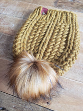 Load image into Gallery viewer, Lemon Tree Lane Adult Luxury Peruvian Wool Beanie | Bronzed Olive with Caramel Faux-Fur Pom Pom