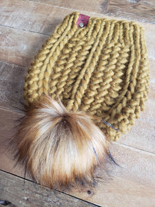 Lemon Tree Lane Adult Luxury Peruvian Wool Beanie | Bronzed Olive with Caramel Faux-Fur Pom Pom